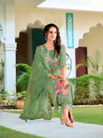 Thumbnail for Hand & Machine Embroidered Kurta With Pant & Embroidered Dupatta, Green - Hiral Fashion - Distacart