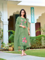 Thumbnail for Hand & Machine Embroidered Kurta With Pant & Embroidered Dupatta, Green - Hiral Fashion - Distacart