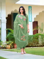 Thumbnail for Hand & Machine Embroidered Kurta With Pant & Embroidered Dupatta, Green - Hiral Fashion - Distacart