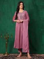 Thumbnail for Mirror Embroidered Kurta With Pant & Embroidered Dupatta, Lavender - Hiral Fashion - Distacart