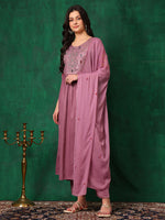 Thumbnail for Mirror Embroidered Kurta With Pant & Embroidered Dupatta, Lavender - Hiral Fashion - Distacart