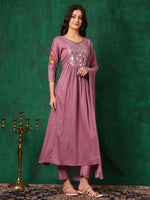 Thumbnail for Mirror Embroidered Kurta With Pant & Embroidered Dupatta, Lavender - Hiral Fashion - Distacart