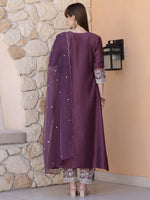 Thumbnail for Mirror Embroidered Kurta With Pant & Embroidered Dupatta, Mauve - Hiral Fashion - Distacart