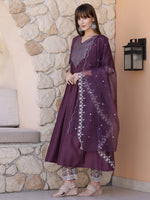 Thumbnail for Mirror Embroidered Kurta With Pant & Embroidered Dupatta, Mauve - Hiral Fashion - Distacart