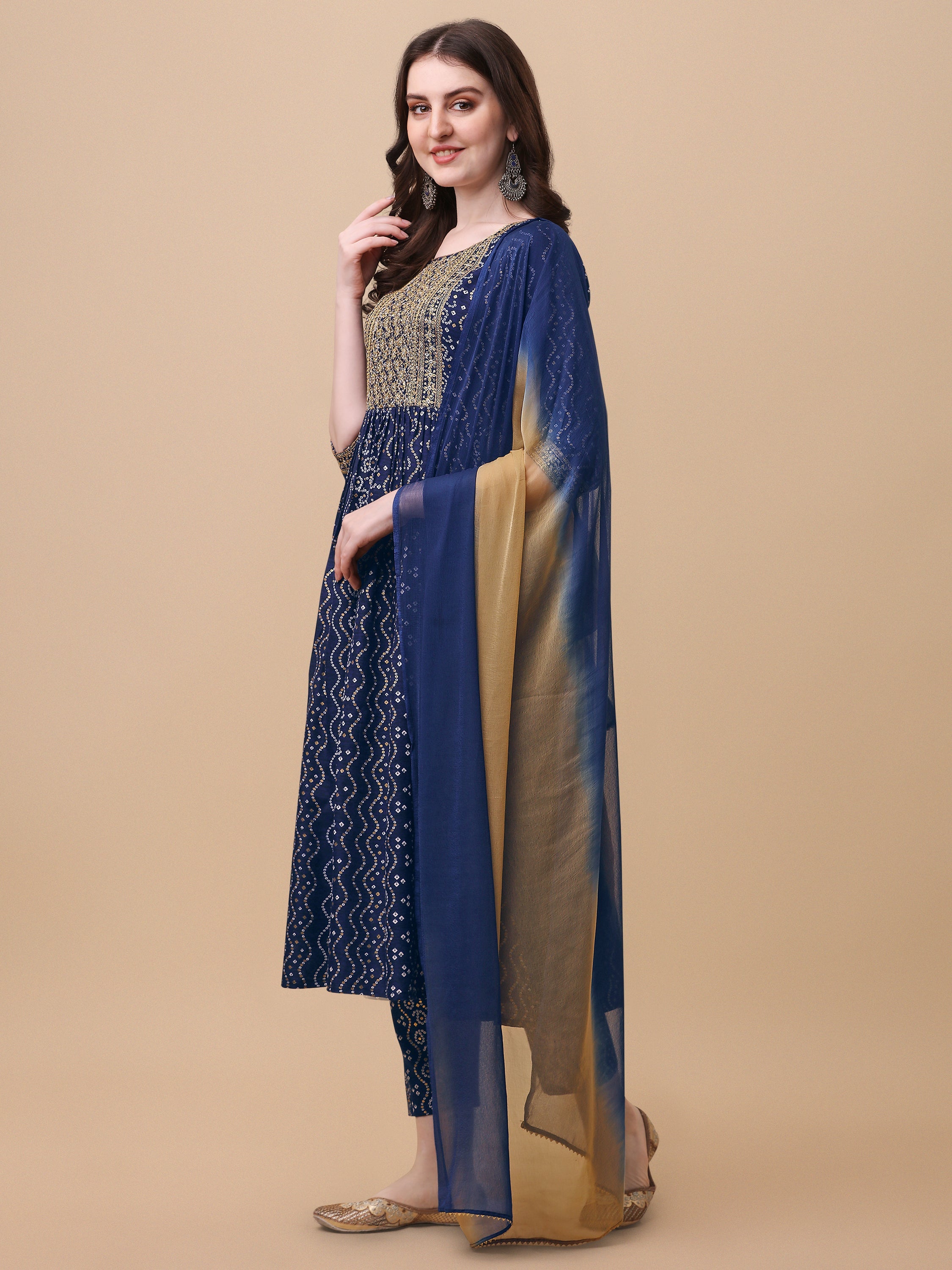 Nayra Cut Bandhani Printed & Embroidered Kurta With Pant & Dupatta Set, Multicolor - Hiral Fashion - Dista
