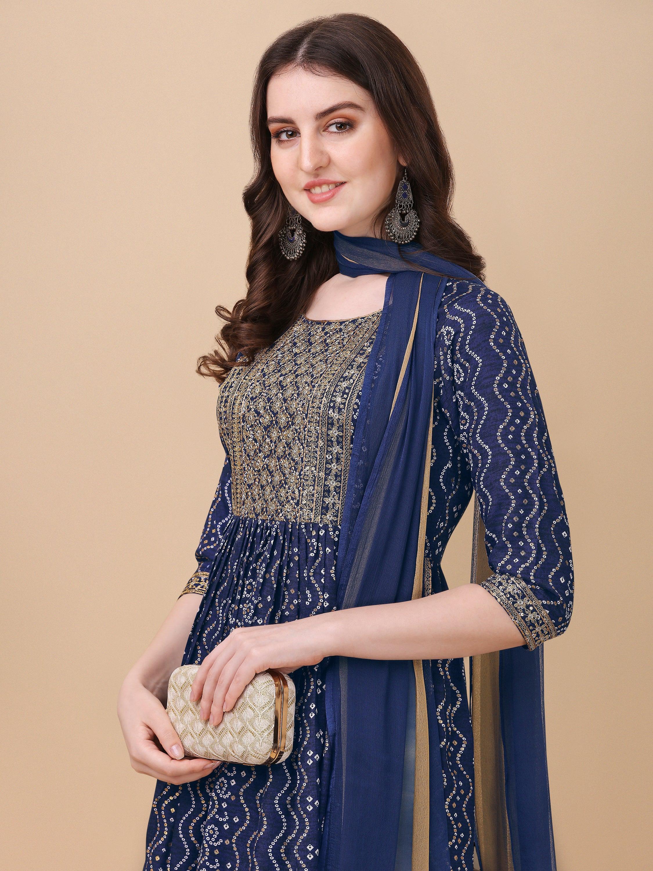 Nayra Cut Bandhani Printed & Embroidered Kurta With Pant & Dupatta Set, Multicolor - Hiral Fashion - Dista