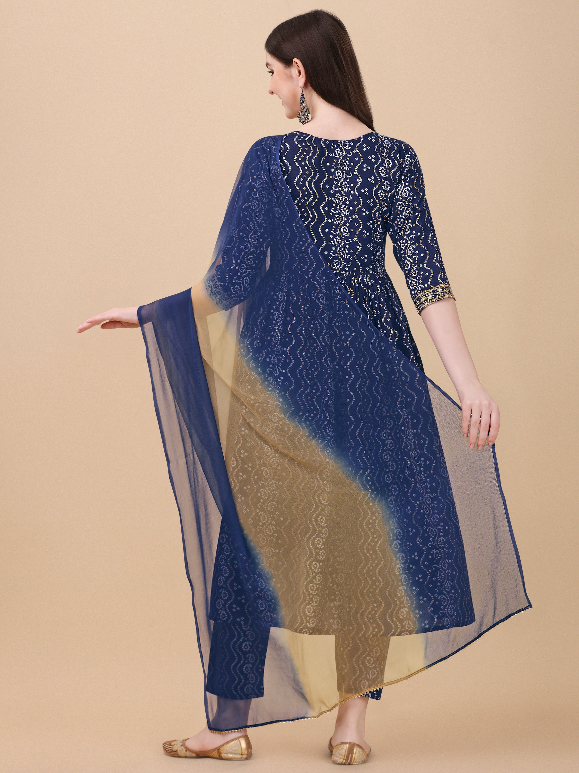 Nayra Cut Bandhani Printed & Embroidered Kurta With Pant & Dupatta Set, Multicolor - Hiral Fashion - Dista