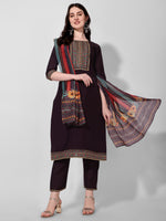 Thumbnail for Wine Embroidered Kurta Pant & Dupatta Set, Multicolor - Hiral Fashion - Distacart