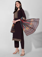 Thumbnail for Wine Embroidered Kurta Pant & Dupatta Set, Multicolor - Hiral Fashion - Distacart