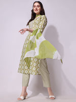 Thumbnail for Cotton Green Printed Kurta With Pant & Dupatta Set, Multicolor - Hiral Fashion - Distacart