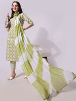 Thumbnail for Cotton Green Printed Kurta With Pant & Dupatta Set, Multicolor - Hiral Fashion - Distacart