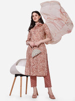 Thumbnail for Floral Printed Rust Kurta With Pant And Dupatta Set, Multicolor - Hiral Fashion - Distacart