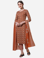 Thumbnail for Floral Printed Rust Kurta With Pant And Dupatta Set, Multicolor - Hiral Fashion - Distacart