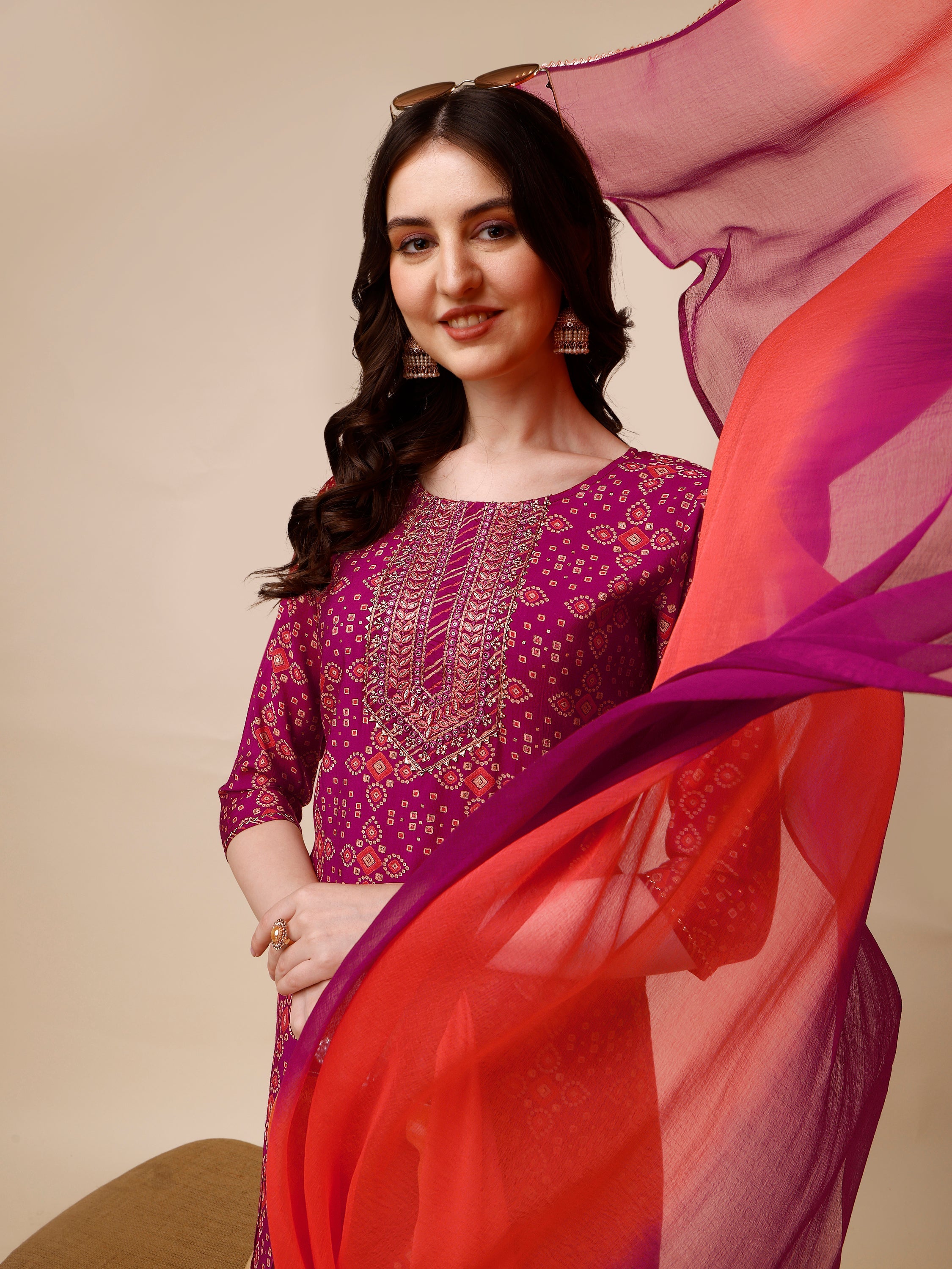 Ethnic Motif & Embroidered Kurta With Pant & Dupatta Set, Multicolor - Hiral Fashion - Dista