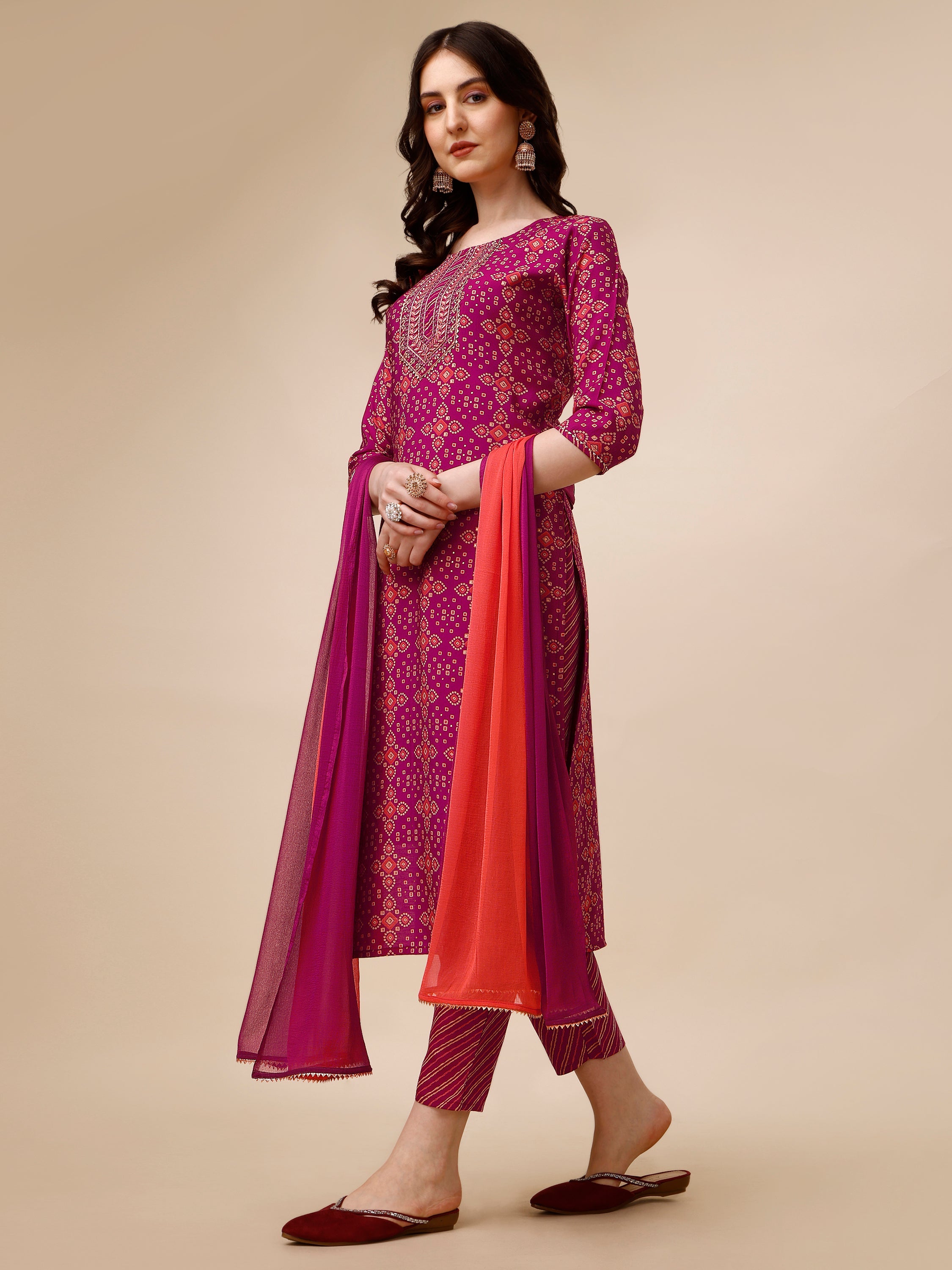 Ethnic Motif & Embroidered Kurta With Pant & Dupatta Set, Multicolor - Hiral Fashion - Dista