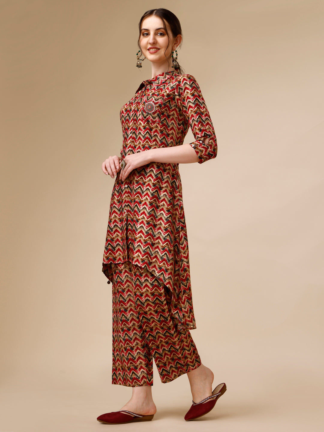 Placement Embroidered Chevron Printed Asymmetric Co-Ords, Multicolor - Hiral Fashion