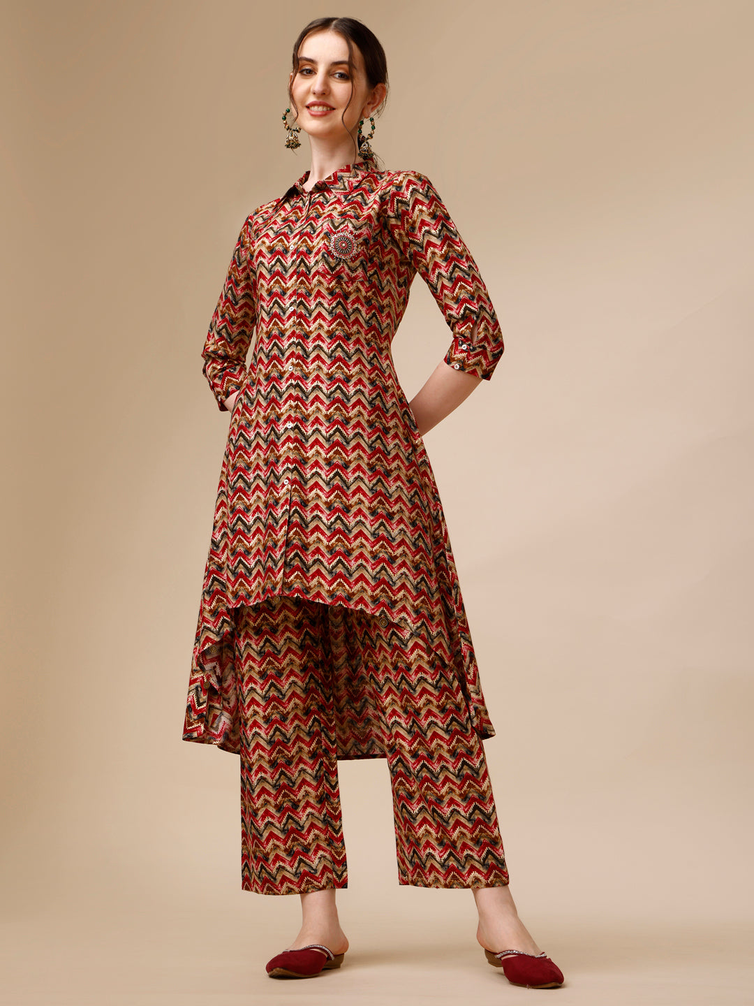 Placement Embroidered Chevron Printed Asymmetric Co-Ords, Multicolor - Hiral Fashion