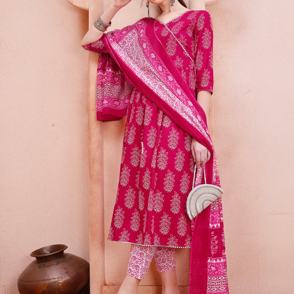 Angarakha Style Anarkali Printed Kurta With Pant And Dupatta Set, Multicolor - Hiral Fashion - Distacart