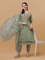 Thumbnail for Hand Embroidered Kurta With Pant & Organza Printed Dupatta, Multicolor - Hiral Fashion - Distacart