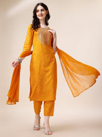 Thumbnail for Embroidered Cotton Kurta With Pant And Dupatta Set, Multicolor - Hiral Fashion - Distacart