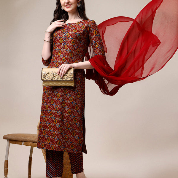 Printed Kurta With Pant & Dupatta Set, Multicolor - Hiral Fashion - Distacart