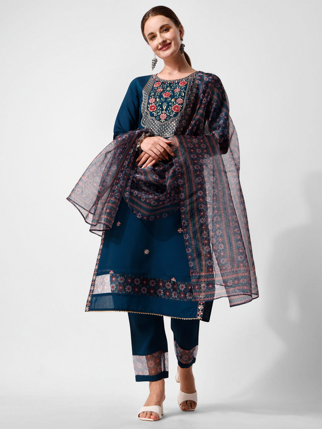 Embroidered Kurta With Pant And Printed Dupatta Set, Multicolor - Hiral Fashion