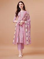 Thumbnail for Printed & Lace Yoke Embroidered Kurta With Pant & Dupatta, Multicolor - Hiral Fashion - Distacart