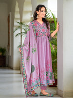 Thumbnail for Placement Printed & Embroidered Flarded Kurta With Pant & Printed Dupatta, Lavender - Hiral Fashion - Distacart