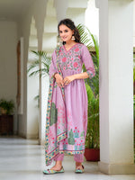 Thumbnail for Placement Printed & Embroidered Flarded Kurta With Pant & Printed Dupatta, Lavender - Hiral Fashion - Distacart