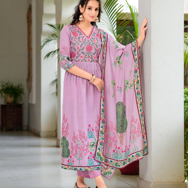 Placement Printed & Embroidered Flarded Kurta With Pant & Printed Dupatta, Lavender - Hiral Fashion - Distacart