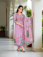 Thumbnail for Placement Printed & Embroidered Flarded Kurta With Pant & Printed Dupatta, Lavender - Hiral Fashion - Distacart