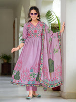 Thumbnail for Placement Printed & Embroidered Flarded Kurta With Pant & Printed Dupatta, Lavender - Hiral Fashion - Distacart