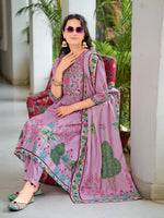 Thumbnail for Placement Printed & Embroidered Flarded Kurta With Pant & Printed Dupatta, Lavender - Hiral Fashion - Distacart