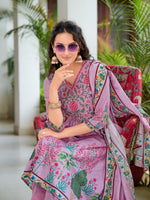 Thumbnail for Placement Printed & Embroidered Flarded Kurta With Pant & Printed Dupatta, Lavender - Hiral Fashion - Distacart