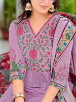 Thumbnail for Placement Printed & Embroidered Flarded Kurta With Pant & Printed Dupatta, Lavender - Hiral Fashion - Distacart
