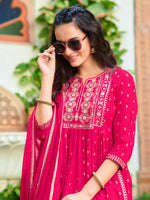 Thumbnail for Nyra Cut Embroidered Kurta With Pant & Dupatta, Pink - Hiral Fashion - Distacart