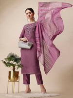 Thumbnail for Hand Embroidered Chanderi Kurta With Pant And Dupatta Set, Multicolor - Hiral Fashion - Distacart