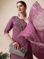 Thumbnail for Hand Embroidered Chanderi Kurta With Pant And Dupatta Set, Multicolor - Hiral Fashion - Distacart