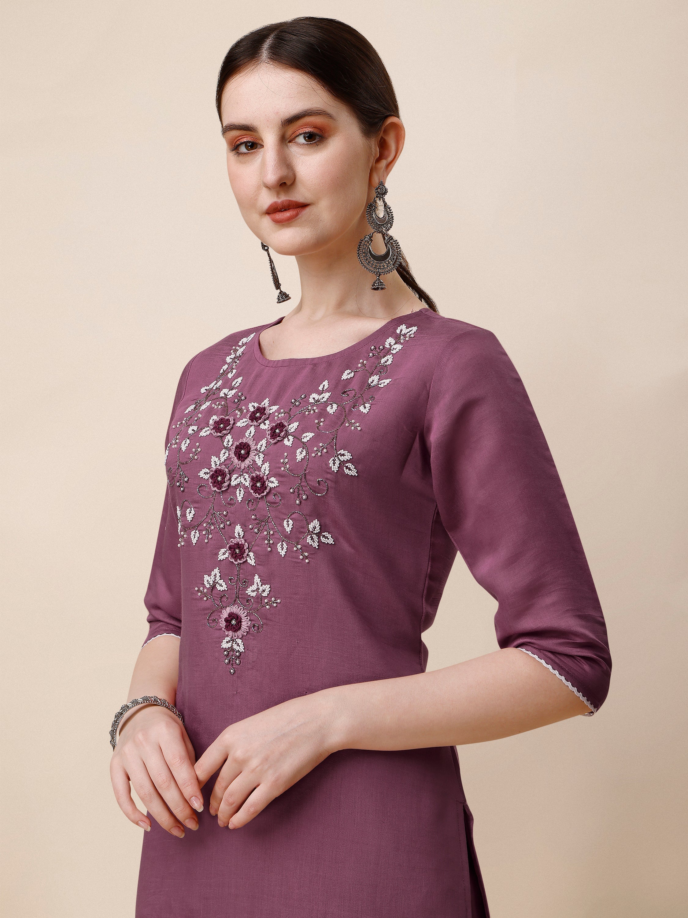 Hand Embroidered Chanderi Kurta With Pant And Dupatta Set, Multicolor - Hiral Fashion - Distacart