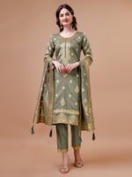 Thumbnail for Pure Banarasi Chanderi Jacquard Kurta With Pant & Dupatta Set, Multicolor - Hiral Fashion - Distacart