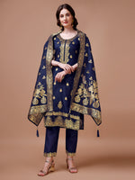 Thumbnail for Pure Banarasi Chanderi Jacquard Kurta With Pant & Dupatta Set, Multicolor - Hiral Fashion - Distacart