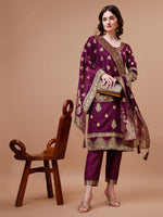 Thumbnail for Pure Banarasi Chanderi Jacquard Kurta With Pant & Dupatta Set, Multicolor - Hiral Fashion - Distacart