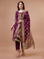Thumbnail for Pure Banarasi Chanderi Jacquard Kurta With Pant & Dupatta Set, Multicolor - Hiral Fashion - Distacart