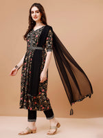 Thumbnail for Embroidered Front Slit Floral Printed Kurta With Pant,Dupatta & Belt, Multicolor - Hiral Fashion - Distacart