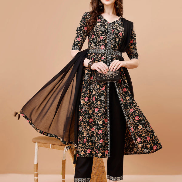Embroidered Front Slit Floral Printed Kurta With Pant,Dupatta & Belt, Multicolor - Hiral Fashion - Distacart