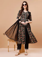 Thumbnail for Embroidered Front Slit Floral Printed Kurta With Pant,Dupatta & Belt, Multicolor - Hiral Fashion - Distacart