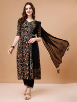 Thumbnail for Embroidered Front Slit Floral Printed Kurta With Pant,Dupatta & Belt, Multicolor - Hiral Fashion - Distacart