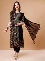 Thumbnail for Embroidered Front Slit Floral Printed Kurta With Pant,Dupatta & Belt, Multicolor - Hiral Fashion - Distacart
