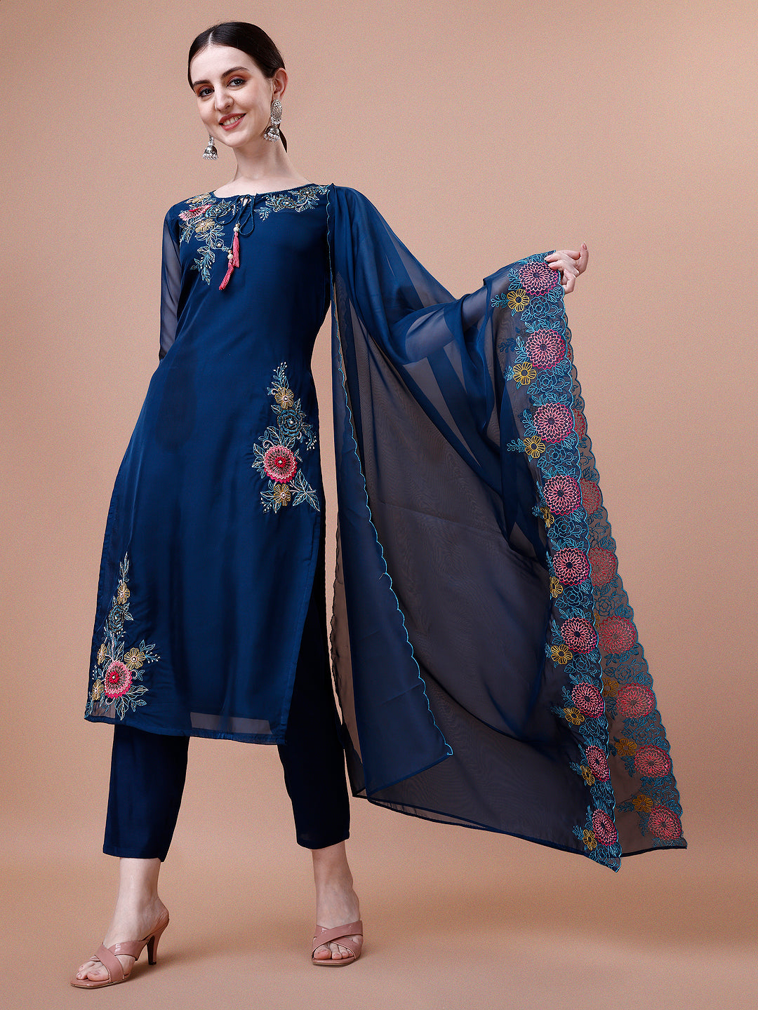 Placement Hand Embroidered Kurta With Pant & Embroidered Organza Dupatta, Multicolor - Hiral Fashion - Distacart