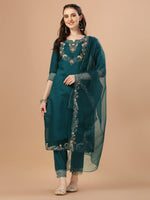 Thumbnail for Hand Embroidered Kurta With Pant & Organza Premium Embroidered Dupatta, Multicolor - Hiral Fashion - Distacart